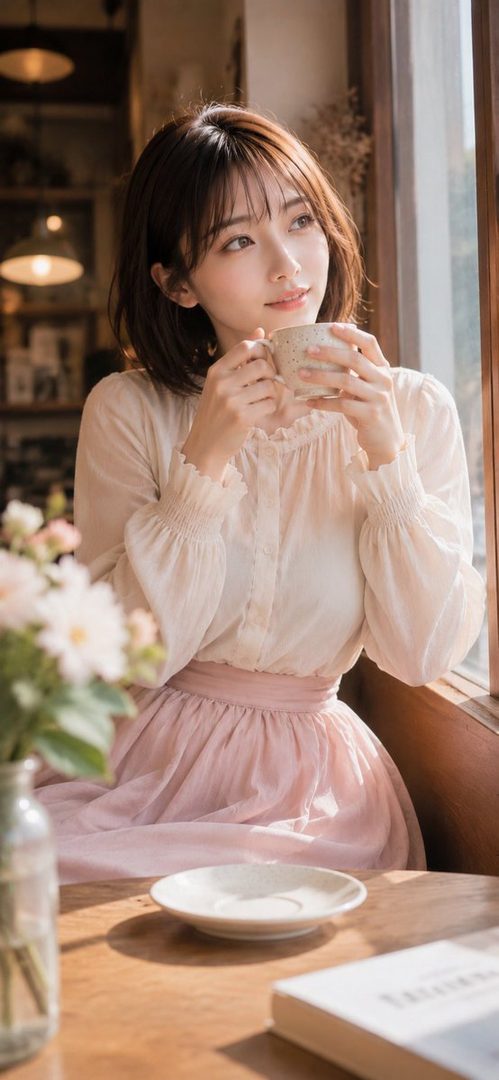 A young woman with short brown hair and bangs, wearing a white blouse and pink skirt, sips coffee by a window in a cafe.