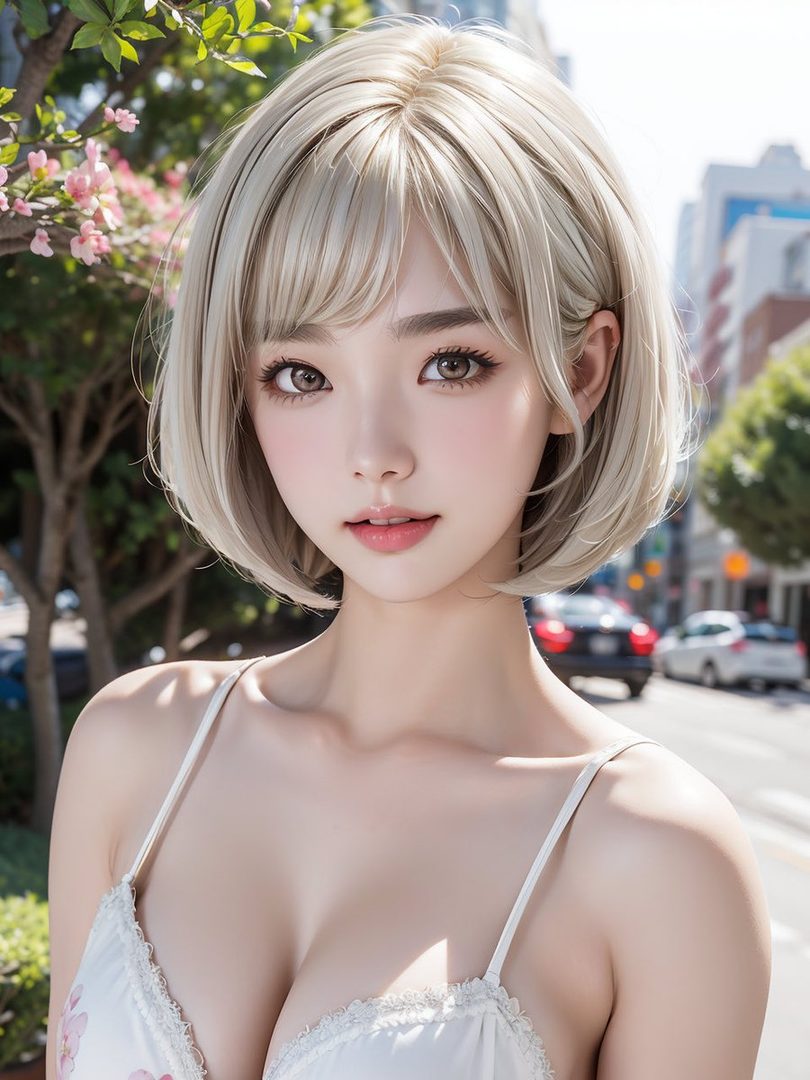 A photorealistic portrait of a young East Asian woman with blonde bob-cut hair, wearing a floral print white dress, standing on a city street.