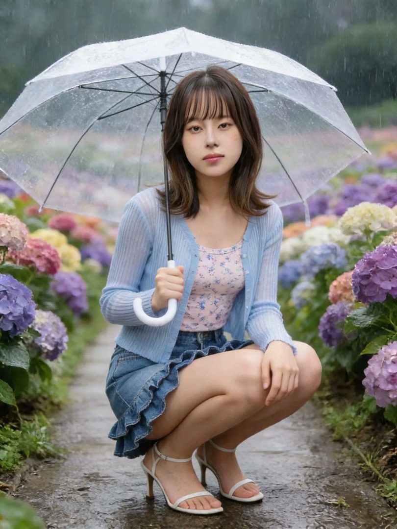 A young woman with brown hair, wearing a blue cardigan and a floral top, crouches under a clear umbrella in a garden filled with hydrangeas during a rainy day.