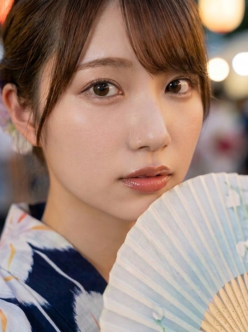 A close-up portrait of a young East Asian woman with brown hair and bangs, wearing a traditional yukata and holding a fan, with bokeh lights in the background.