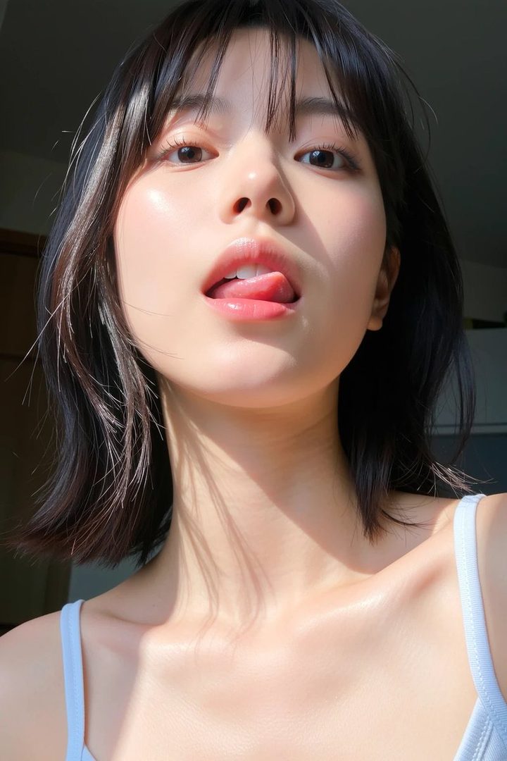 A young woman with short black hair and bangs sticks her tongue out playfully, illuminated by natural sunlight.
