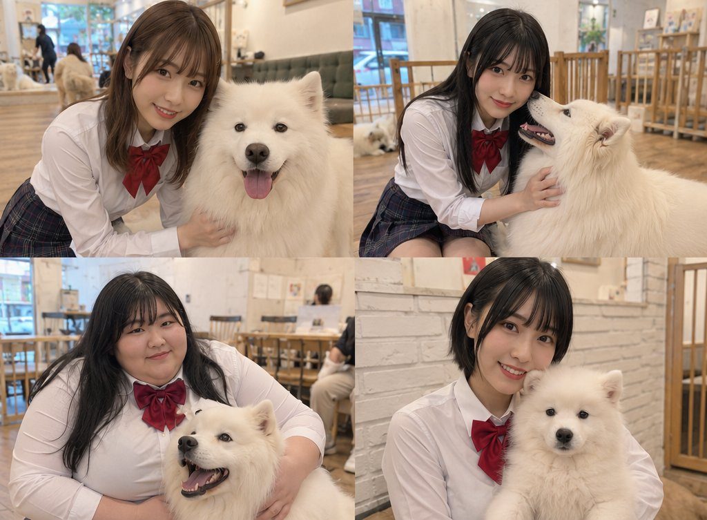Four portraits of young East Asian women in school uniforms posing with white Samoyed dogs indoors.