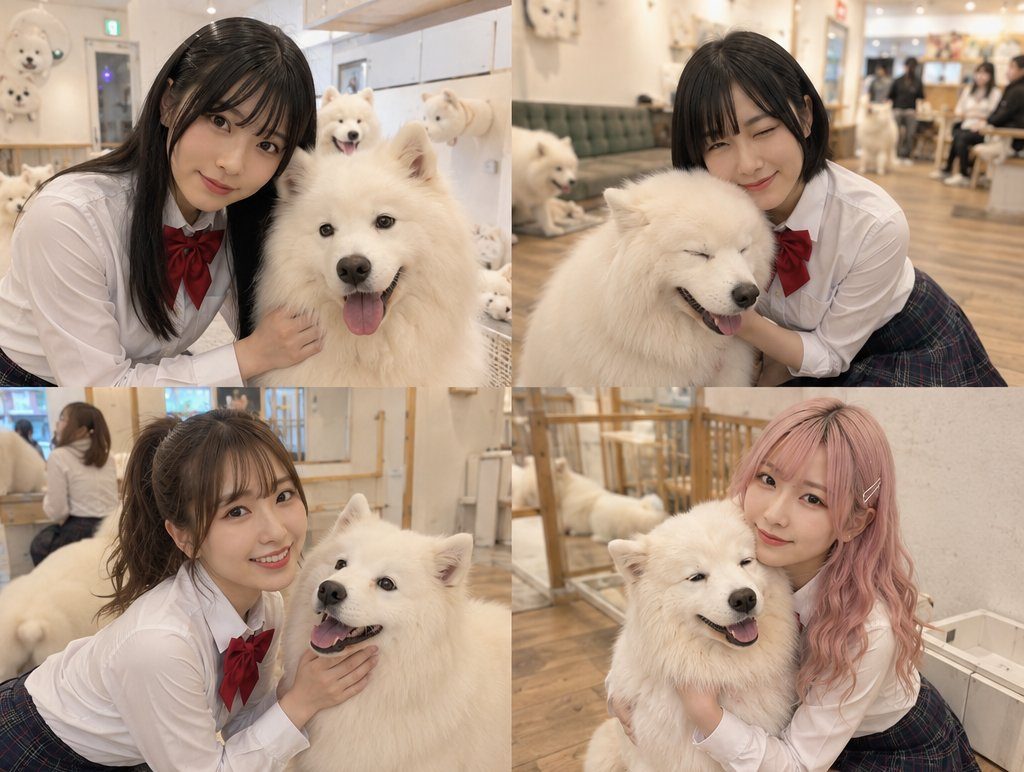 Four portraits of young Japanese women in school uniforms posing with Samoyed dogs indoors.