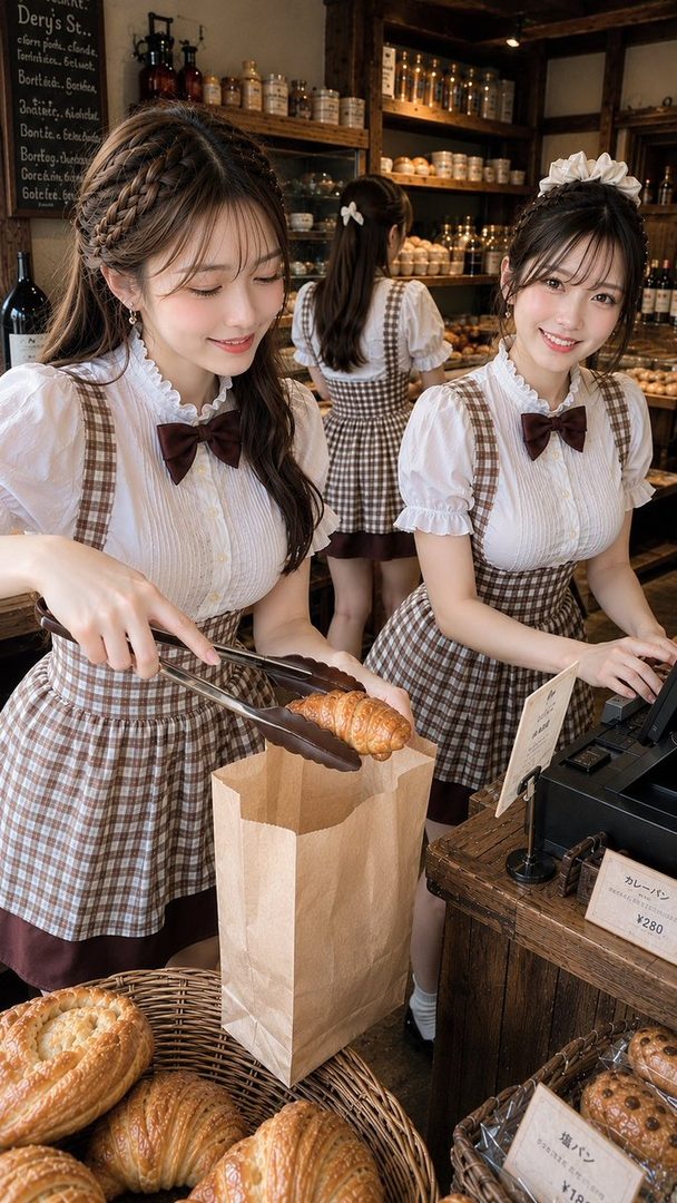 Two young women in maid outfits working in a bakery, one serving a croissant and the other at the cash register.