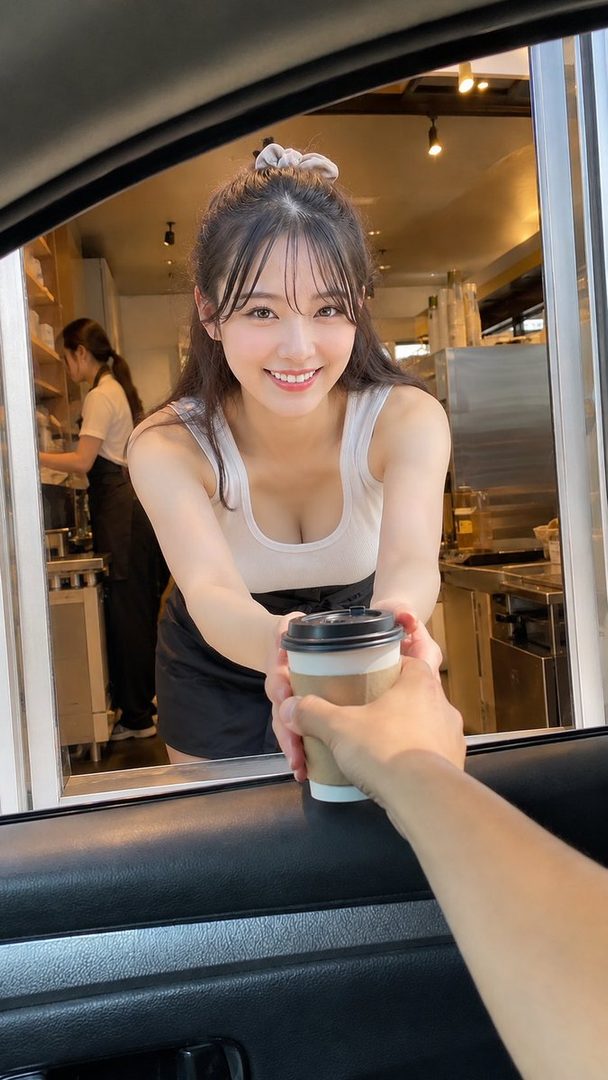 A smiling young woman in a white tank top and black apron hands a coffee cup through a drive-thru window.
