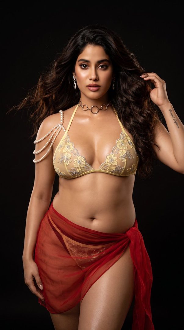 A woman with long, dark, wavy hair and striking makeup poses in a yellow lace bikini top and a sheer red sarong, adorned with pearl jewelry, against a black background.