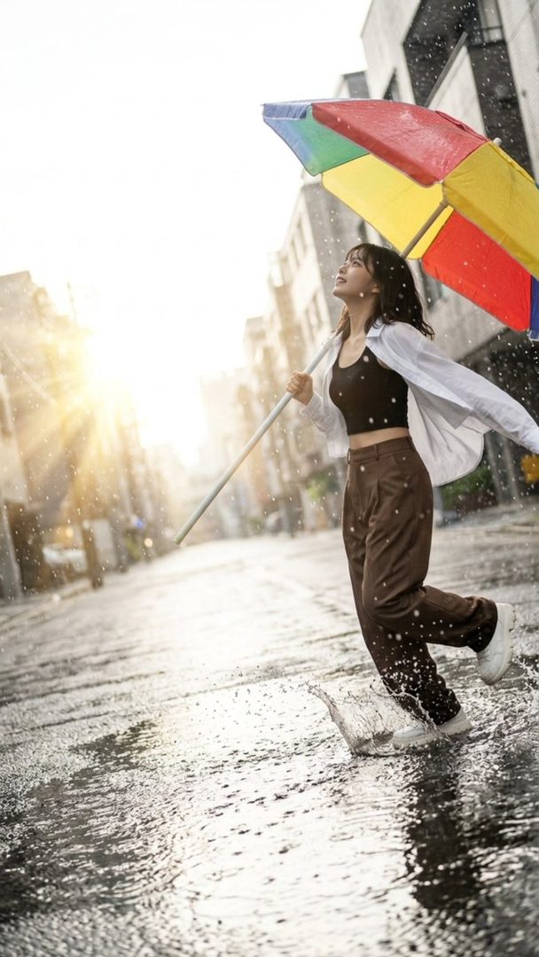 A young woman with dark brown hair, wearing a black crop top, white shirt, and brown pants, splashes through a puddle on a rainy city street while holding a large colorful umbrella.