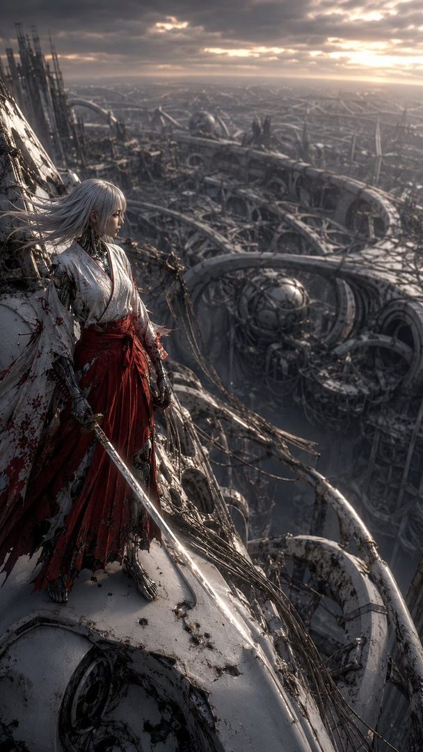 A woman in a white and red kimono stands with a sword in a desolate, futuristic city.