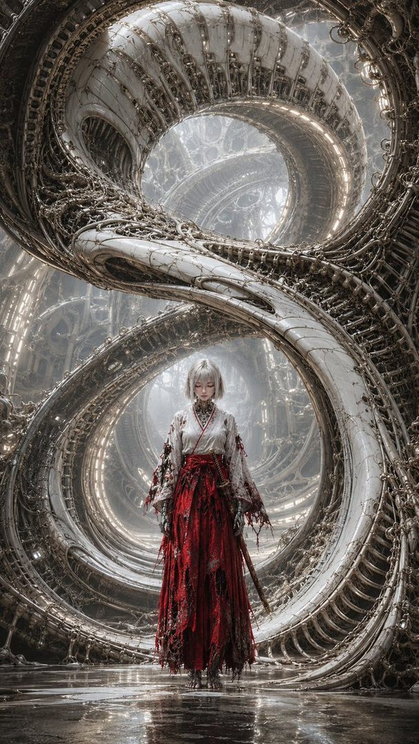 A woman with short white hair, wearing a white kimono-style top and a long, tattered red skirt, stands in a surreal, metallic, biomechanical environment.