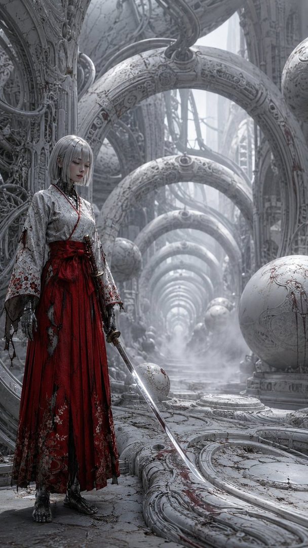A woman in a red and white kimono stands with a sword in a futuristic, ruined architectural setting.
