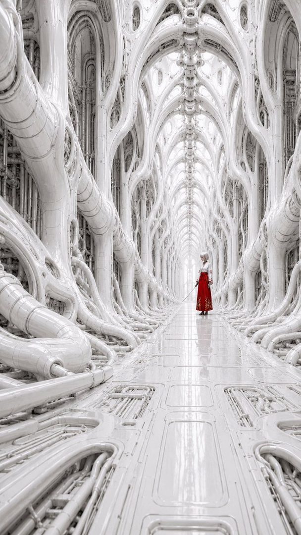 A person in a red and white outfit stands in a futuristic, white, biomechanical hallway, holding a sword.