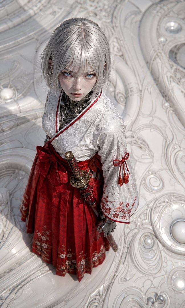 A young woman with short, silver hair and striking blue eyes, wearing a white and red kimono with floral patterns and a katana at her side, poses in a futuristic, ornate indoor setting.