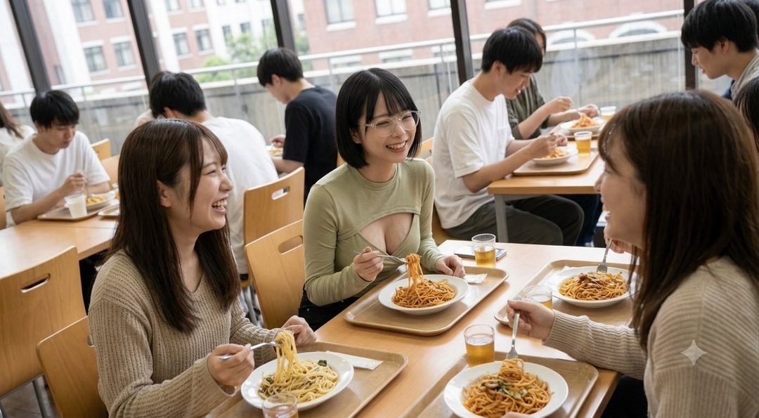 Three young women and several men eating pasta in a university cafeteria, with two women in the foreground smiling and interacting.