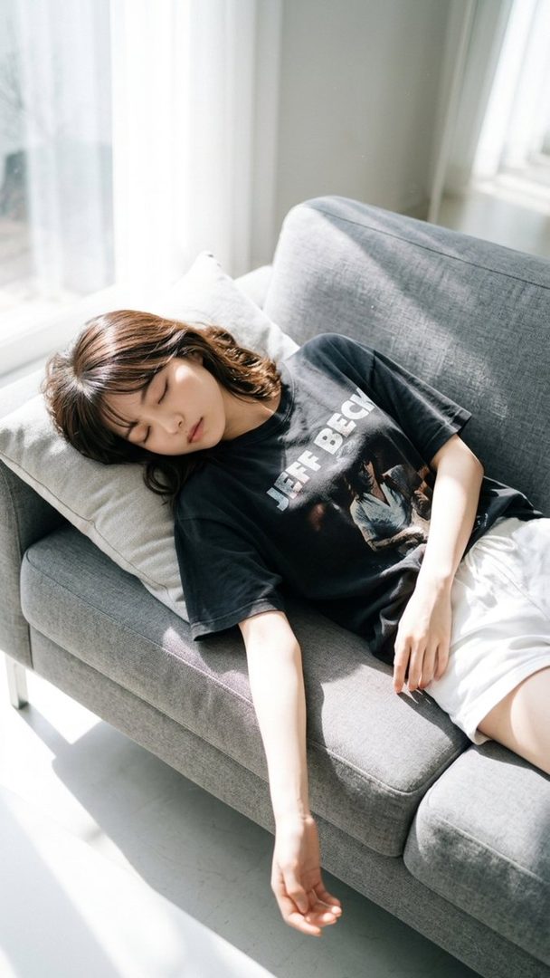 A young woman with brown hair is sleeping peacefully on a grey sofa, wearing a black t-shirt and white shorts, with sunlight streaming in from a window.