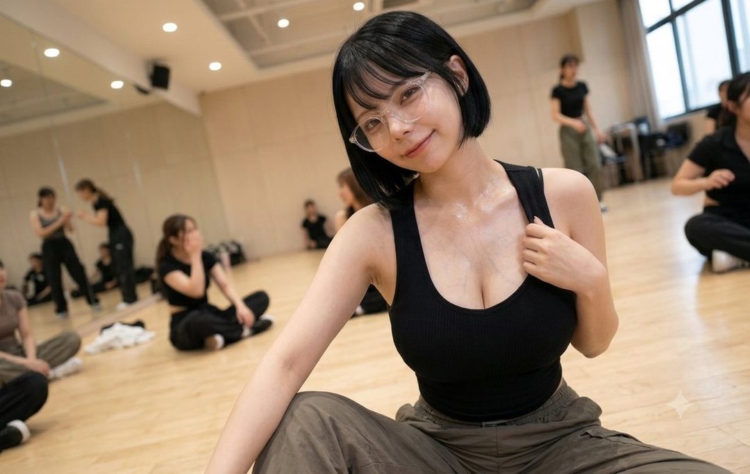 A young woman with short black hair and glasses, wearing a black tank top and cargo pants, sits on a wooden floor in a dance studio, looking at the camera with a slight smile. Other people are blurred in the background.