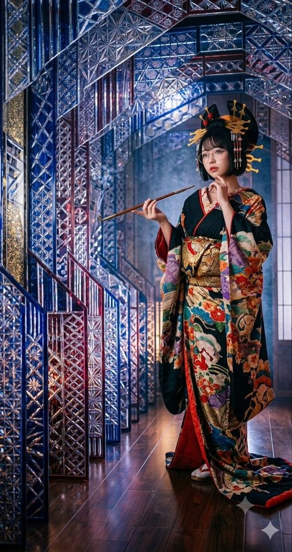 A woman in a traditional black kimono with colorful floral patterns and an elaborate hair ornament holds a kiseru pipe in a room with blue and red patterned glass panels.