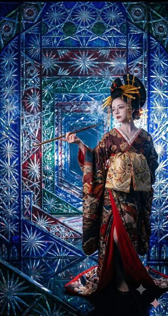 A woman in a traditional Japanese kimono and elaborate hairstyle, wearing glasses and holding a long pipe, stands in front of a vibrant, geometric blue and green patterned background.