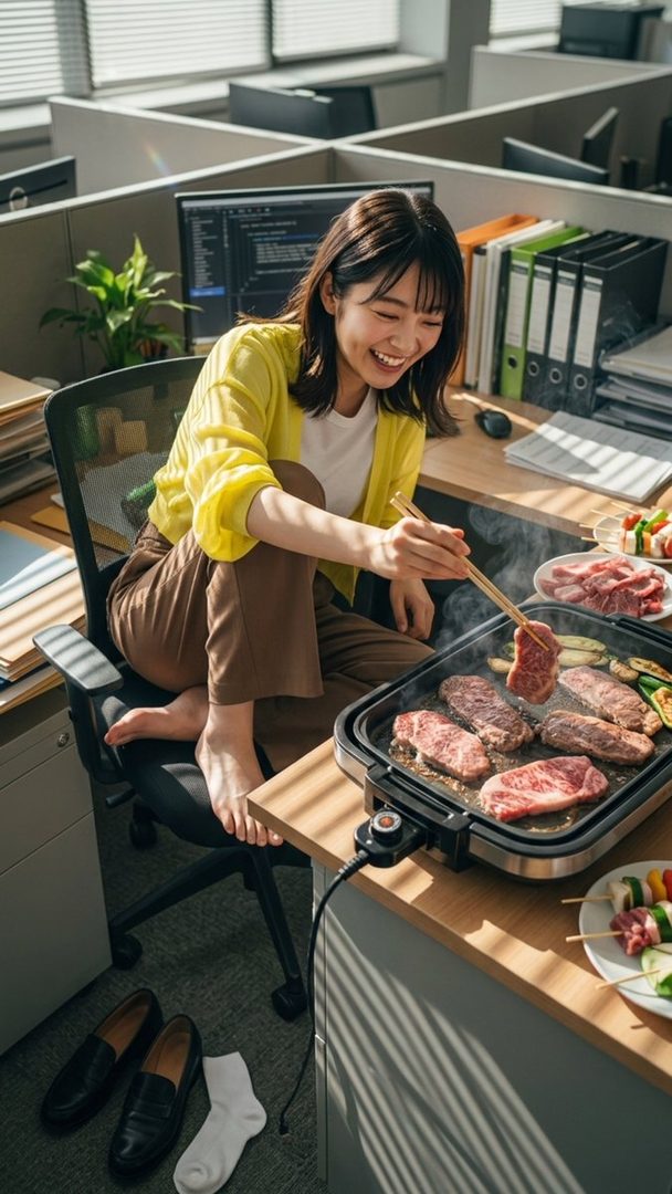 A smiling woman in a yellow cardigan and brown pants is grilling meat on a hot plate at her office desk, with her shoes and socks off.