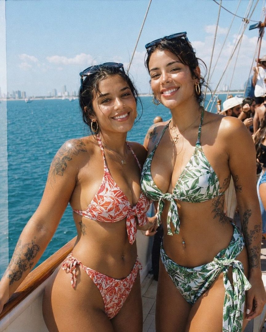 Two smiling women in bikinis on a boat, with a city skyline in the background.