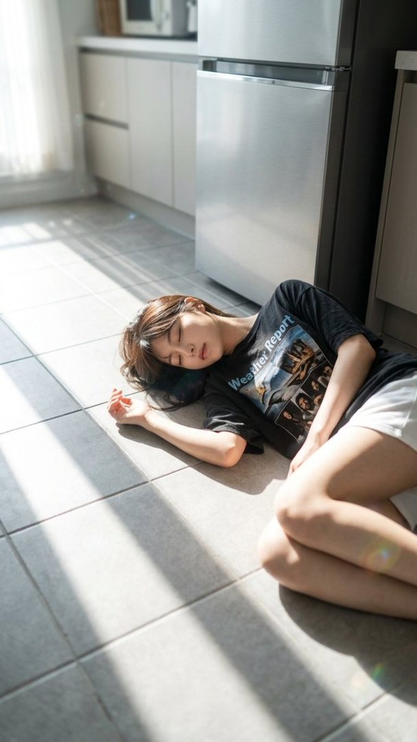 A young woman with brown hair is lying on the kitchen floor, seemingly asleep, bathed in natural sunlight.