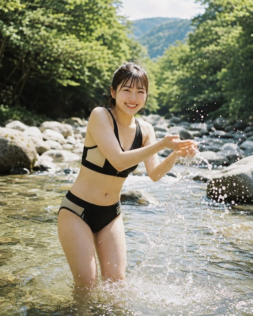 A young woman in a bikini splashes water in a river surrounded by lush green trees and mountains.