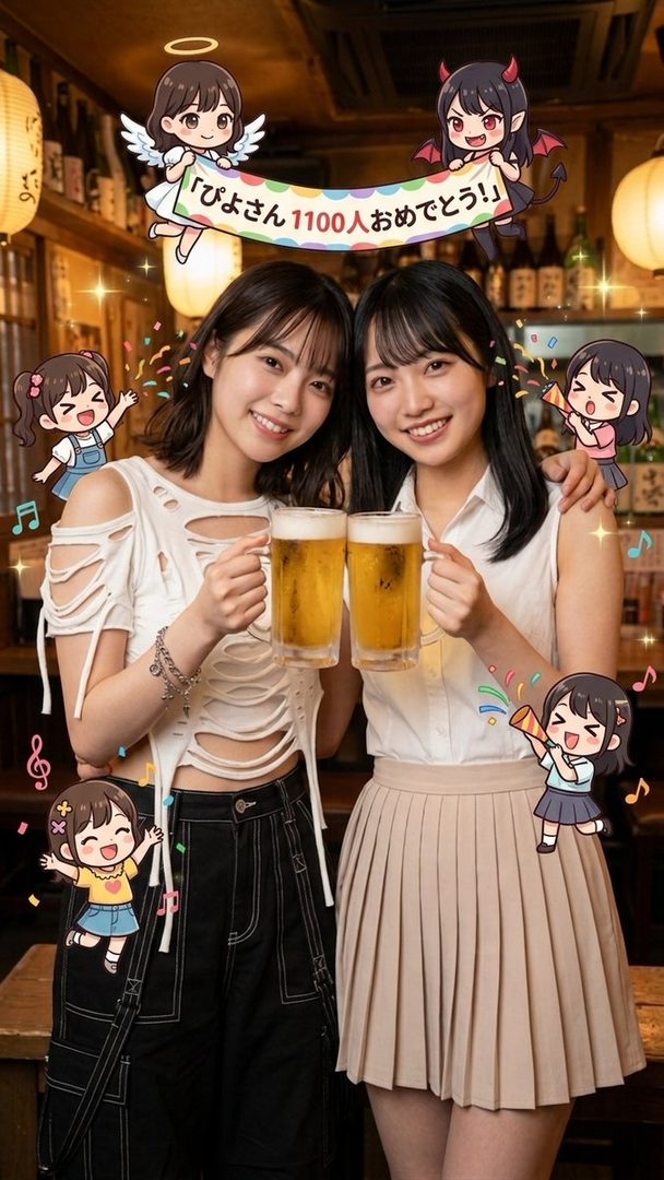 Two young women are smiling and toasting with beer mugs in an izakaya, surrounded by cute chibi-style celebratory stickers.