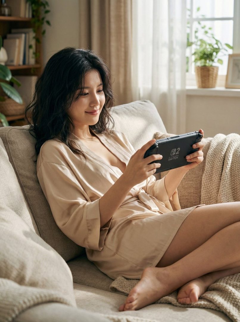 A young East Asian woman in a silk robe plays a Nintendo Switch while relaxing on a couch indoors.