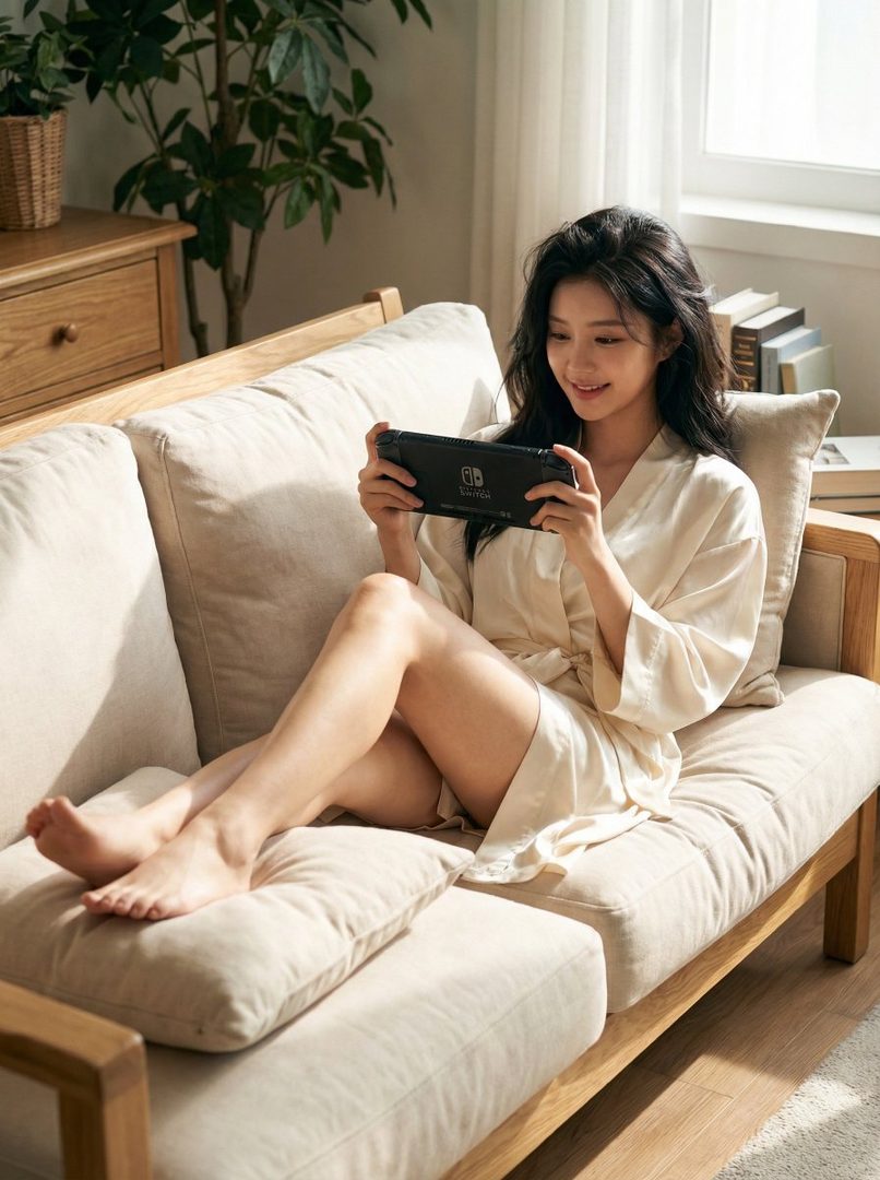 A young woman with long black hair, wearing a light-colored robe, sits on a sofa and plays a Nintendo Switch.