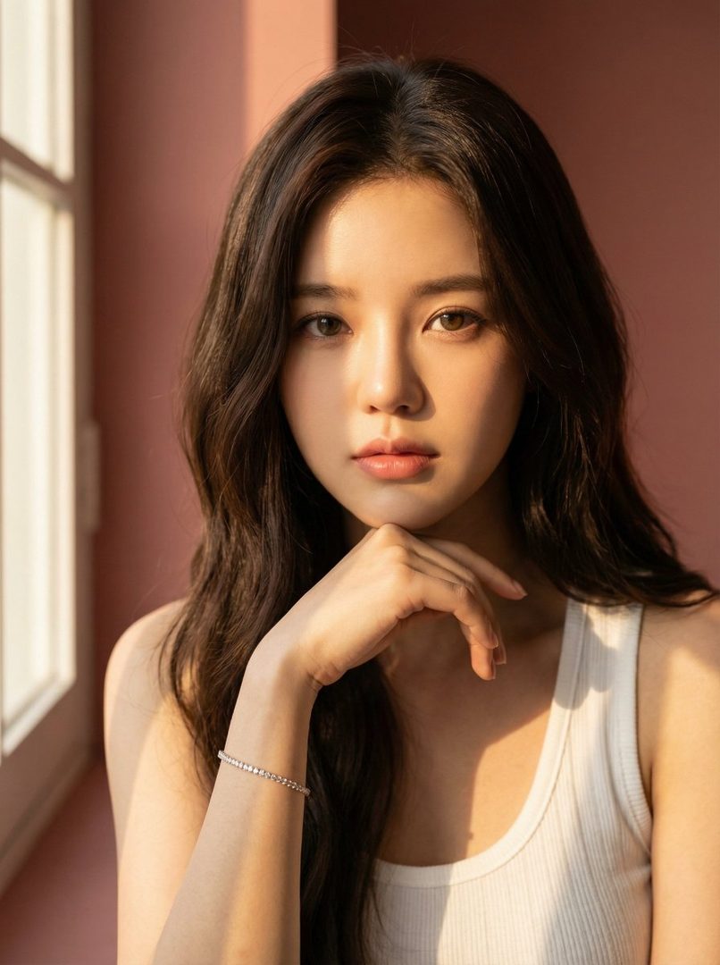 A beautiful young East Asian woman with long, dark wavy hair and a white tank top, posing indoors with her hand on her chin, bathed in warm sunlight.