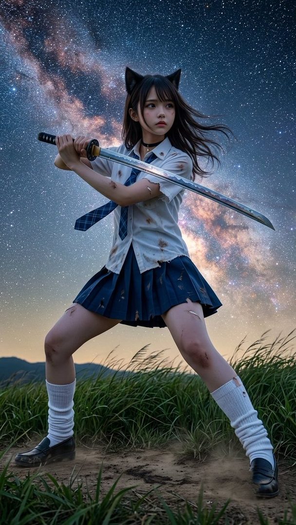 A young woman in a torn school uniform and cat ears holds a katana under a starry sky.
