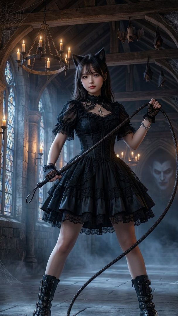 A young woman with cat ears and a black gothic lolita dress holds a whip in a dimly lit, gothic-style room with stained glass windows and bats hanging from the ceiling.