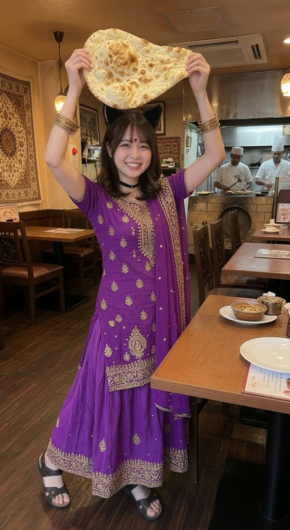A young woman in a purple Indian outfit and cat ears holds a piece of naan bread above her head, smiling at the camera in a restaurant.
