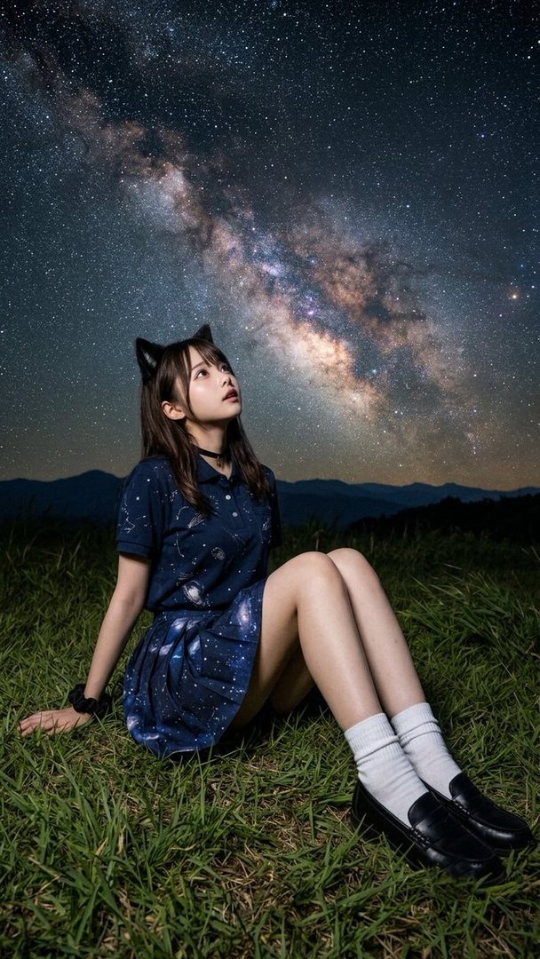 A young woman with cat ears sits on the grass looking up at the Milky Way.
