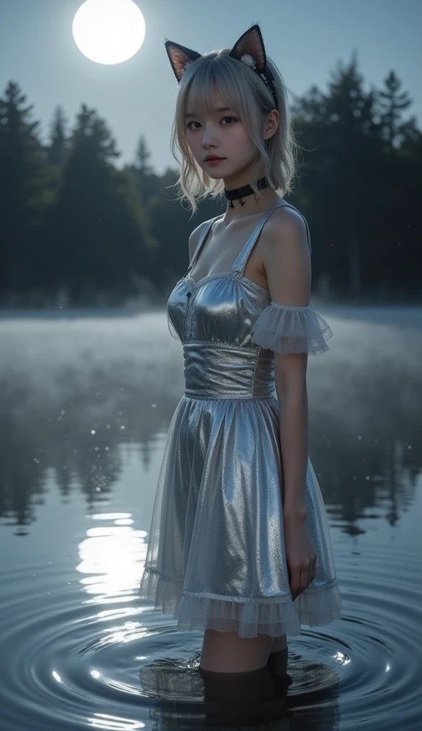 A young woman with blonde hair and cat ears stands in the water under the moonlight, wearing a silver dress.