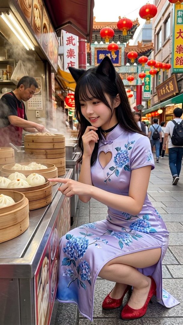 A young woman in a purple qipao with floral patterns and cat ears, crouching in front of a street food stall selling steamed buns.