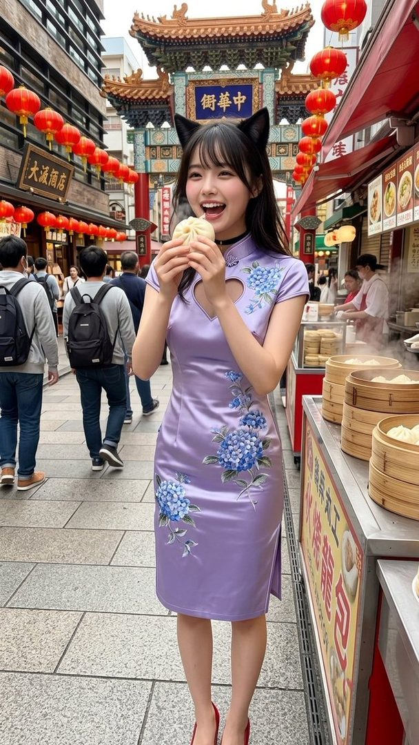 A young woman with black hair and cat ears, wearing a purple qipao dress, smiles while holding a steamed bun in a bustling Chinatown street.