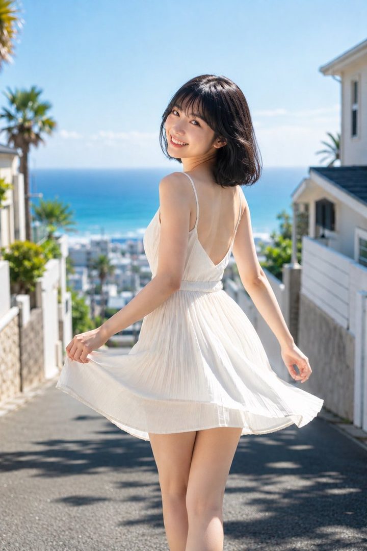 A young woman with short black hair smiles over her shoulder while wearing a white sundress outdoors with the ocean in the background.