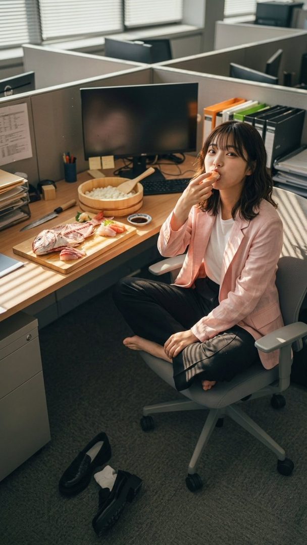 A woman in a pink blazer and black pants sits cross-legged in an office cubicle, eating sushi from a wooden board on her desk.