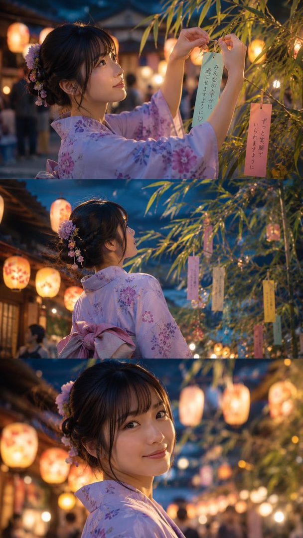 A young Japanese woman in a purple yukata with floral patterns, adorned with flowers in her hair, hangs a wish paper on a bamboo tree at a festival with lanterns.