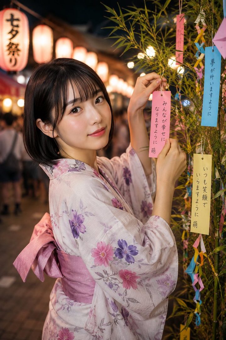 A young woman in a yukata smiles gently while holding a tanzaku at a Japanese summer festival.