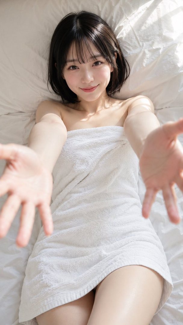 A young woman with short black hair and bangs, wearing a white towel, lies on a bed and reaches out her hands.