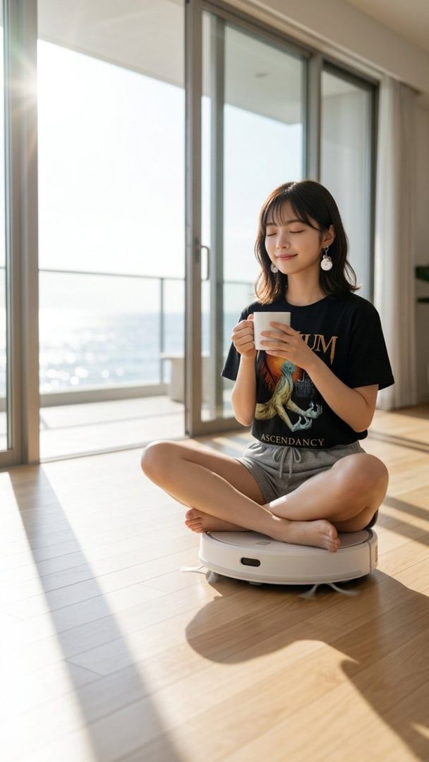 A young woman with dark brown bob hair and bangs sits cross-legged on a robot vacuum cleaner, holding a white mug with her eyes closed in a bright apartment with an ocean view.