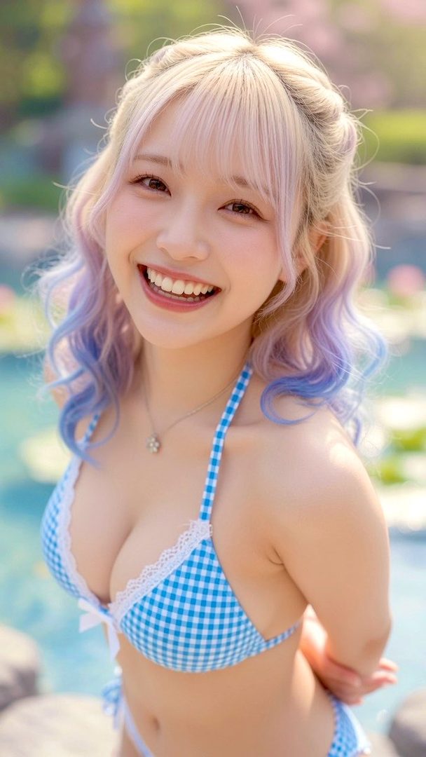 A young woman with blonde and purple hair smiles brightly, wearing a blue and white gingham bikini, outdoors by the water.