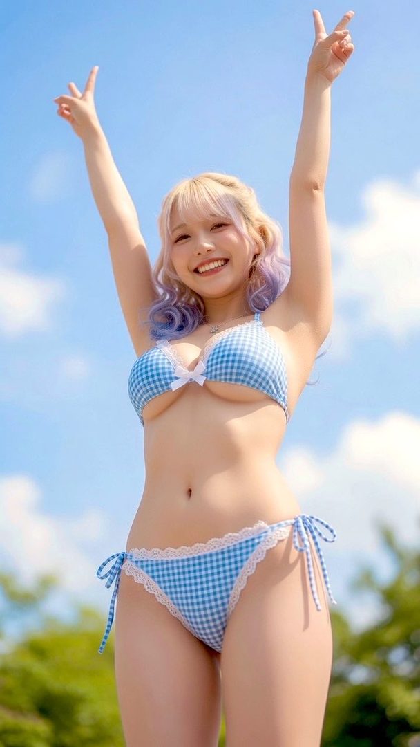 A young woman with blonde hair and purple highlights smiles brightly, wearing a blue and white gingham bikini, with her arms raised in a V-sign against a clear blue sky.