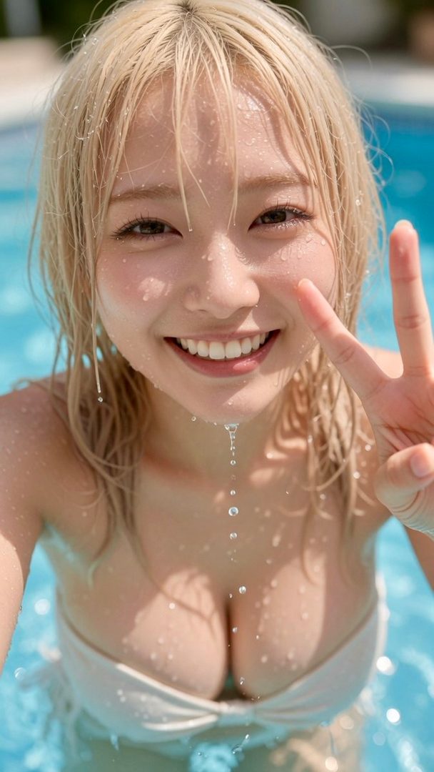 A young woman with blonde hair, wearing a white bikini top, smiles and makes a peace sign while in a swimming pool.