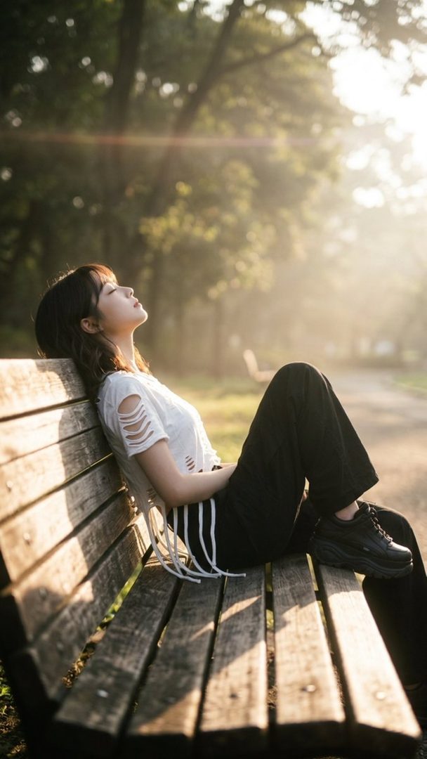 A young woman with brown hair and bangs sits on a park bench, leaning back with her eyes closed, enjoying the golden morning light.