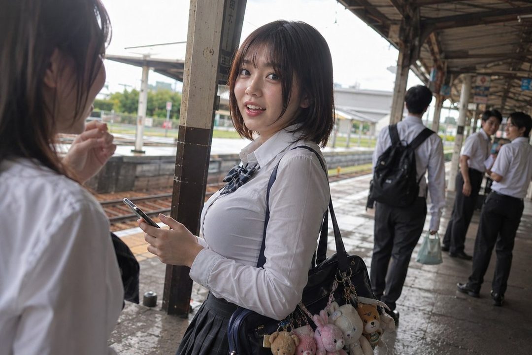A young woman in a school uniform smiles at the camera while standing on a train platform.
