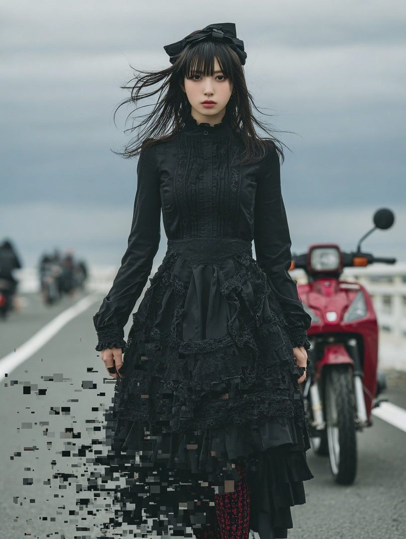 A young woman with long black hair and bangs, wearing a black gothic lolita dress, stands on a road with a red scooter in the background.