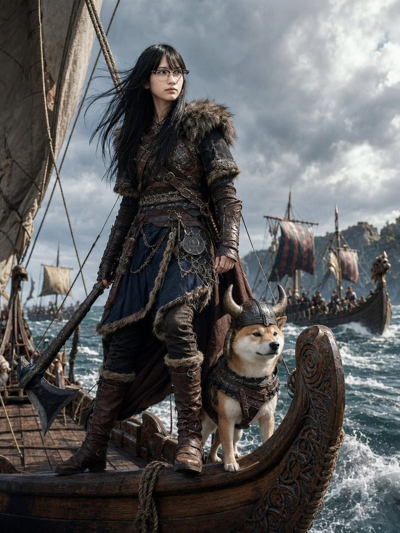 A woman dressed as a Viking warrior stands on a ship with a Shiba Inu dog wearing a Viking helmet.