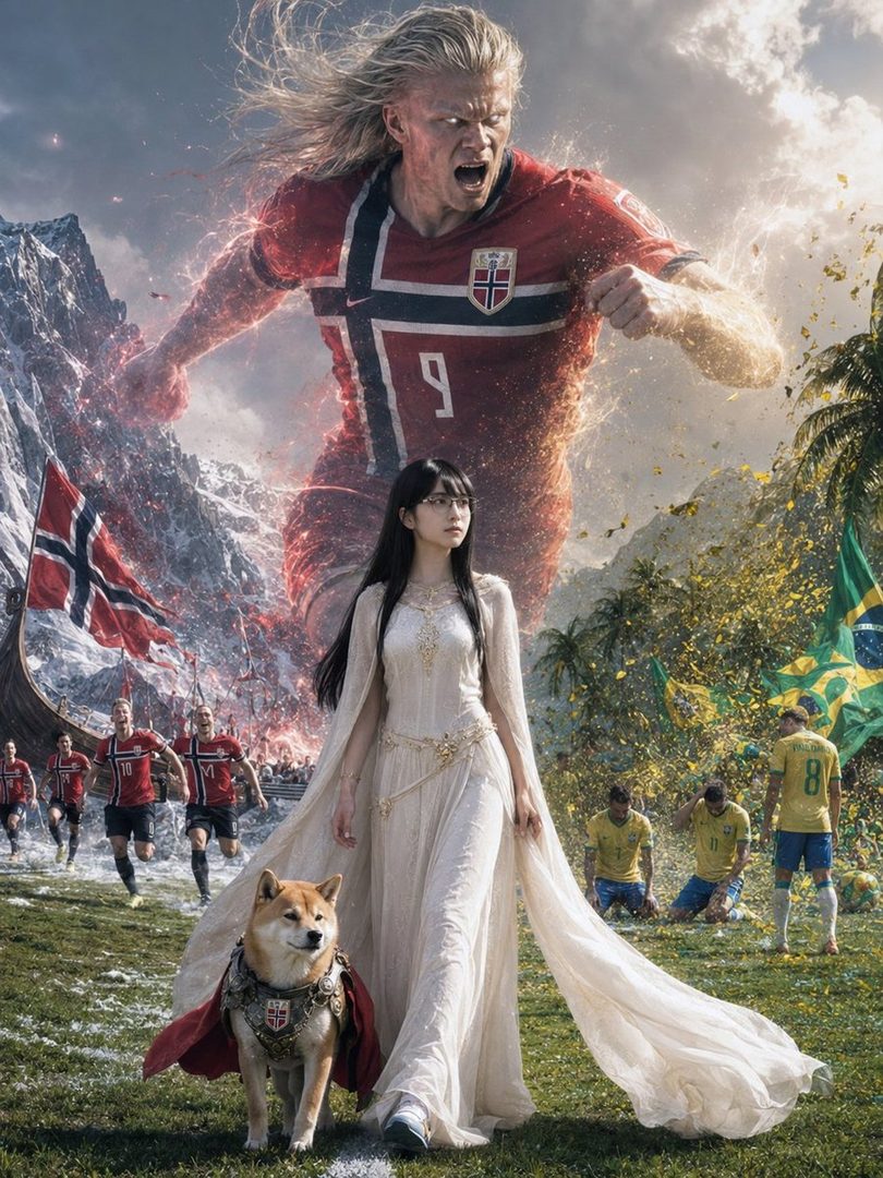 A dramatic AI-generated image depicting a giant footballer in a Norwegian jersey roaring, with a woman in a white dress and a dog in armor standing in front of him. Norwegian and Brazilian flags are visible, along with players from both teams.